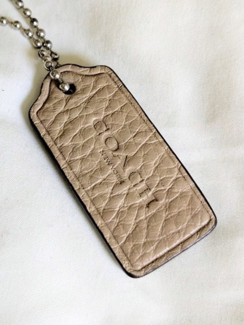Coach Hang Tag 2" Charm Pebble Leather Sandy Taupe Beige Silver Ball Chain